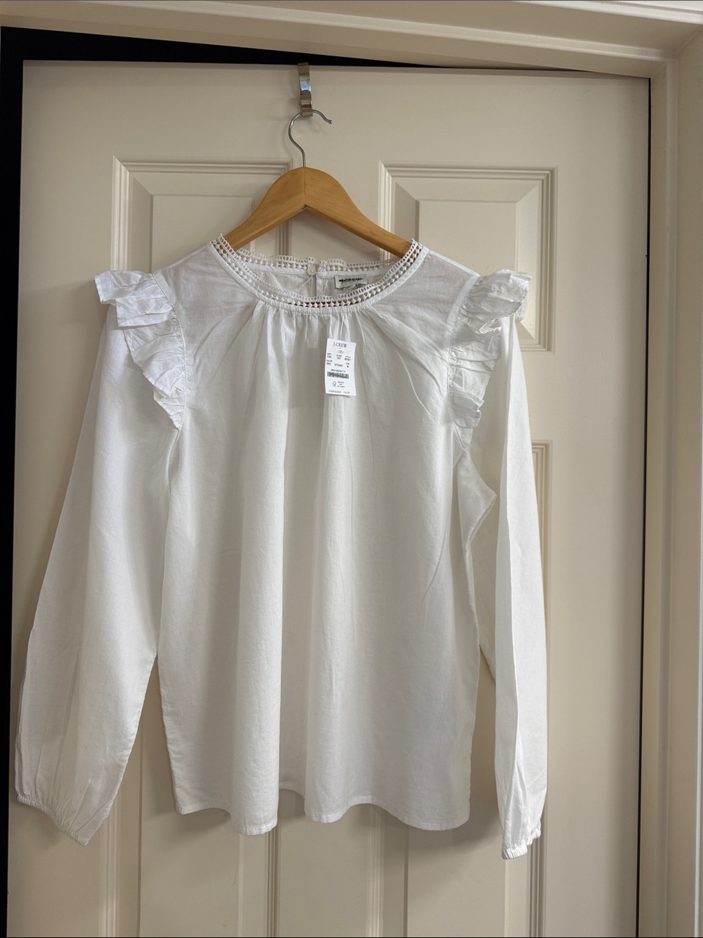 J. Crew White Ruffle-Shoulder Long Sleeve Blouse